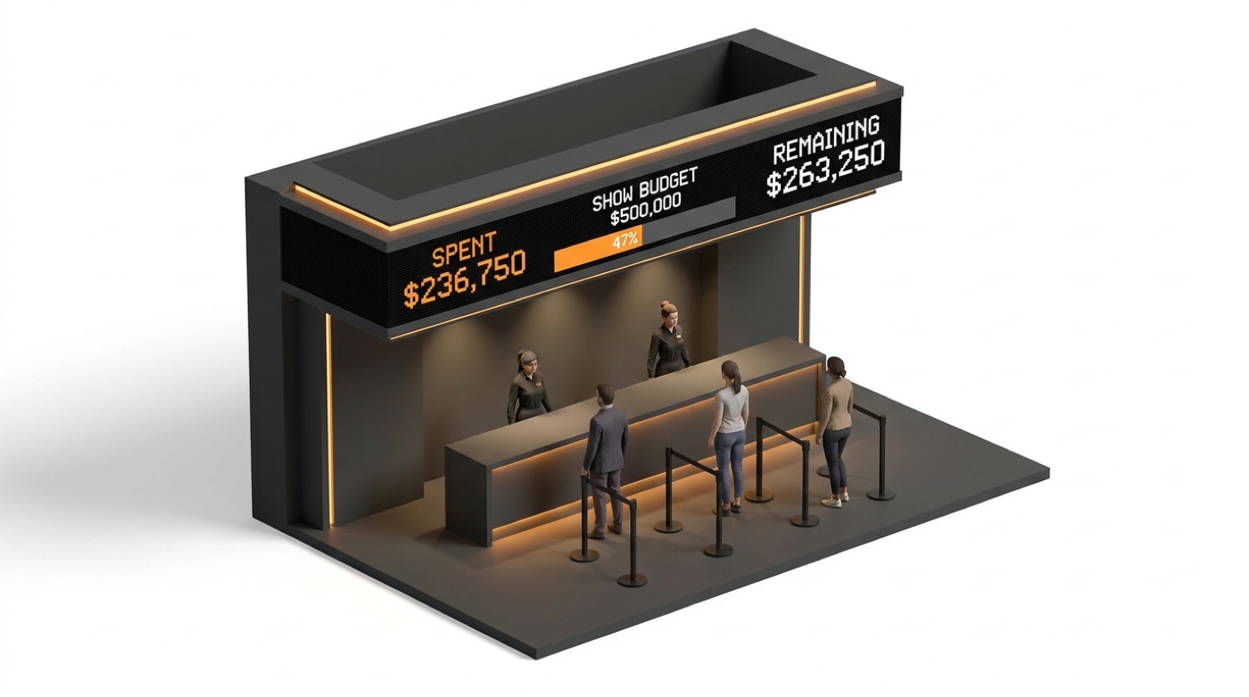 A trade-show booth with a long LED header across the top — the display stand this build programmed.
